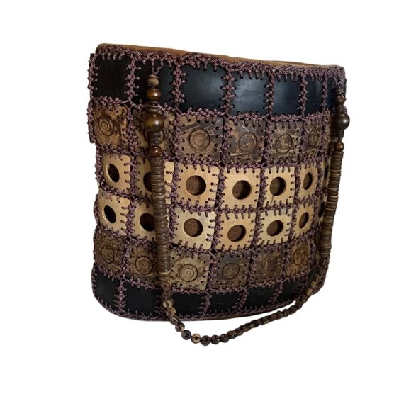 Handcrafted Boho Patchwork Shoulder Bag Beaded Straps & Unique Coconut Shells - Picture 4 of 9